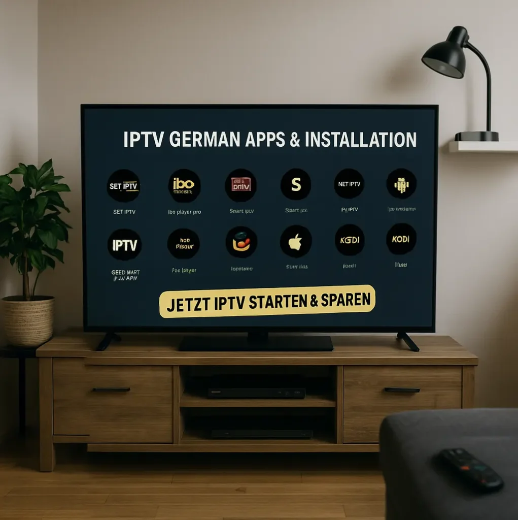 IPTV German Apps Installation auf einem Smart-TV im Wohnzimmer mit beliebten Apps wie SET IPTV, NET IPTV, Kodi – einfache Einrichtung auf Android, iOS und Fire TV.