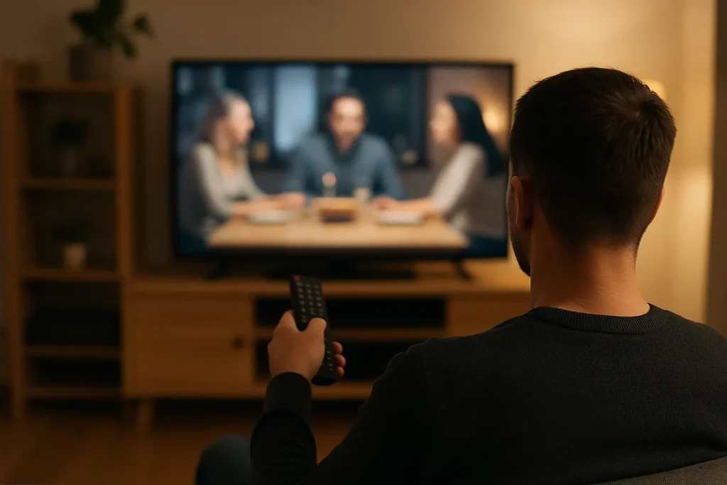 Mann schaut entspannt IPTV-Kanäle im Wohnzimmer auf einem großen Fernseher
