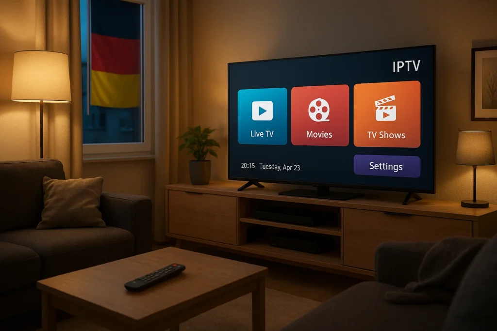 Modernes Wohnzimmer mit IPTV Germany auf dem Smart TV