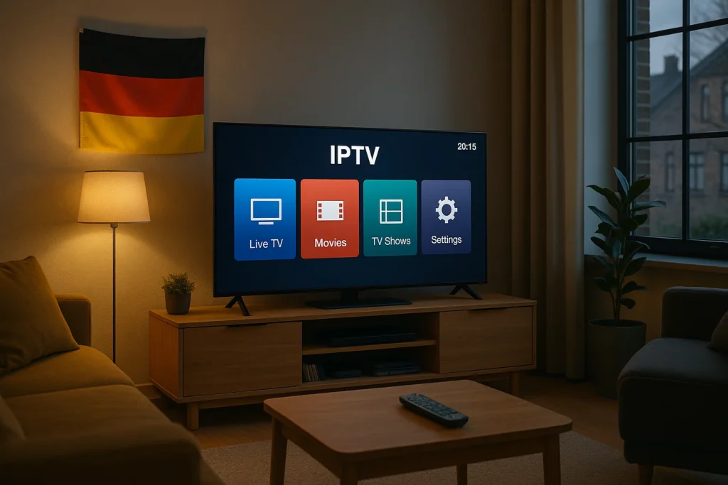 Modernes Wohnzimmer mit IPTV German auf dem Smart TV
