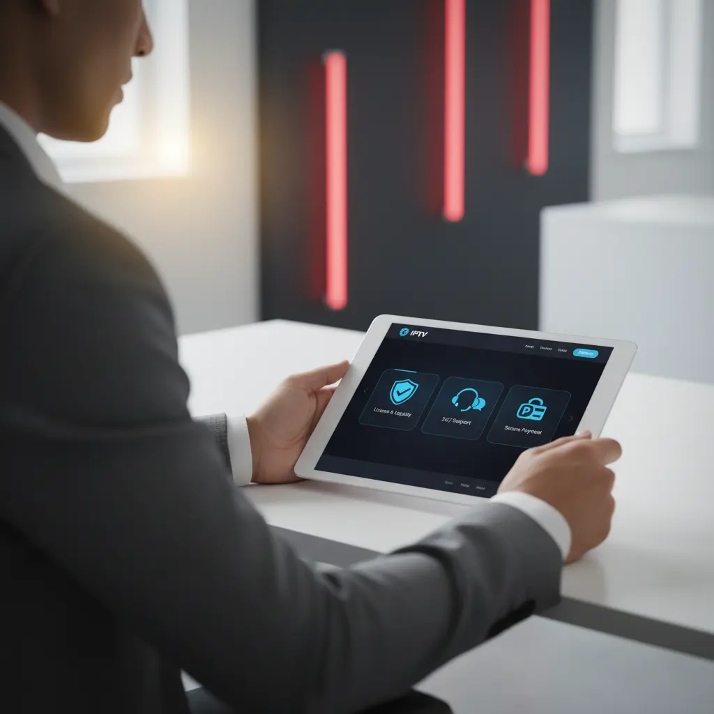 Person überprüft IPTV-Anbieter auf Laptop mit Symbolen für Lizenz, Support und sichere Bezahlung – Symbol für Transparenz und legale Dienste. Ist IPTV legal in Deutschland