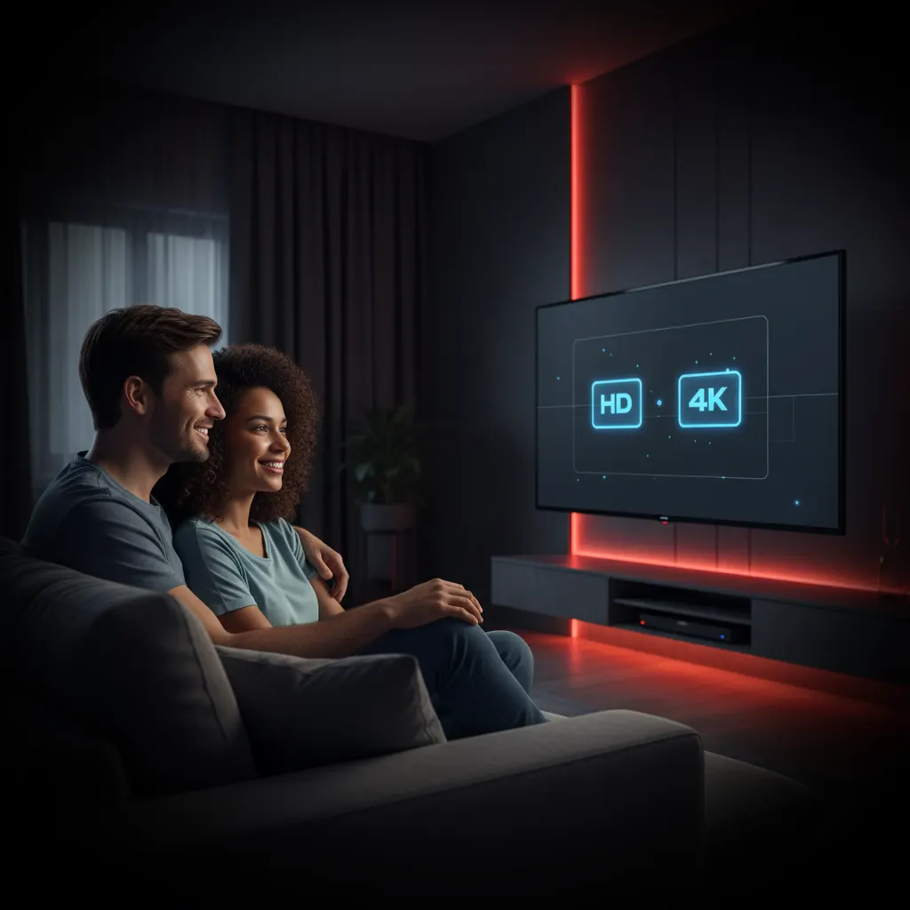 Zwei Freunde genießen legales IPTV in einem modernen Wohnzimmer mit roten Lichtakzenten – sicheres, hochwertiges Streaming in HD & 4K. Ist IPTV legal in Deutschland