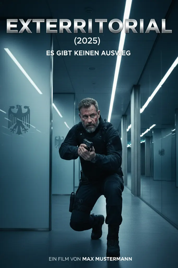 Filmplakat des deutschen Actionthrillers EXTERRITORIAL (2025). Ein bewaffneter Agent bewegt sich angespannt durch einen modernen Regierungsflur mit Glaswänden und Neonlicht. Kühle Farben, Spannung und Dramatik bestimmen die Szene.