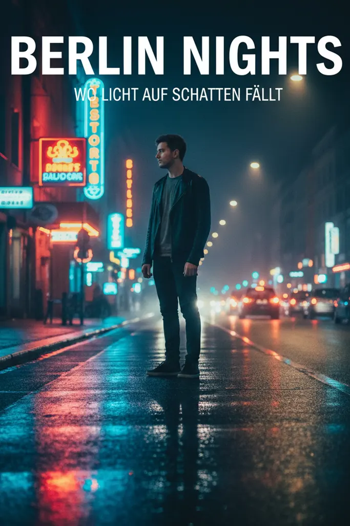 Filmplakat „Berlin Nights“ zeigt einen jungen Mann, der nachts auf einer nassen Berliner Straße steht, umgeben von Neonlichtern und Autoscheinwerfern – symbolisch für Einsamkeit und urbane Geheimnisse.