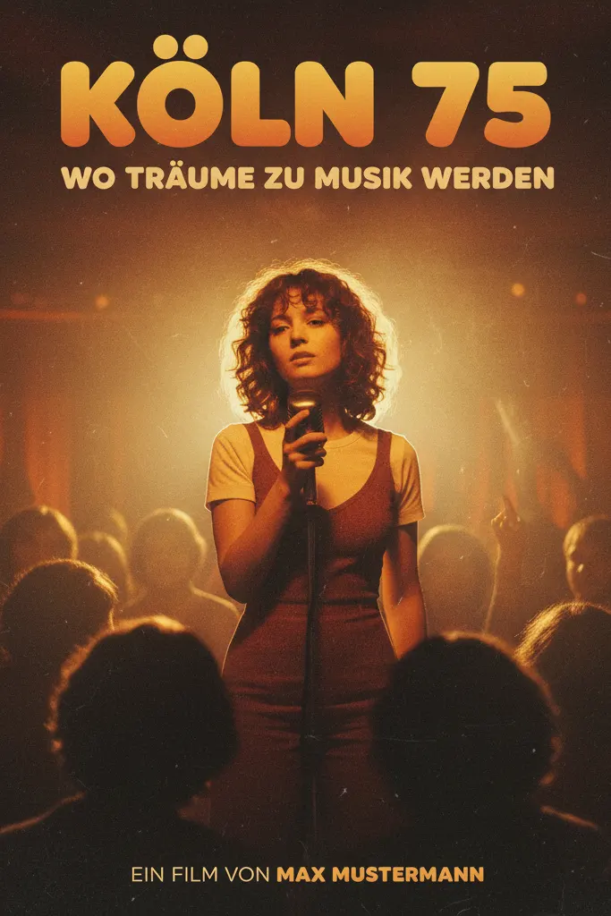 Filmplakat des deutschen Musikdramas KÖLN 75 (2025). Eine junge Frau steht auf der Bühne eines Jazzclubs der 1970er Jahre, umgeben von Publikum und goldenem Bühnenlicht. Die Szene vermittelt Nostalgie und Leidenschaft für Musik.