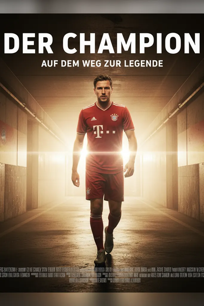 Filmplakat „Der Champion“ zeigt einen Fußballspieler im roten Trikot, der durch einen hell erleuchteten Stadiontunnel geht – Symbol für Erfolg, Leidenschaft und den Weg zur Legende.