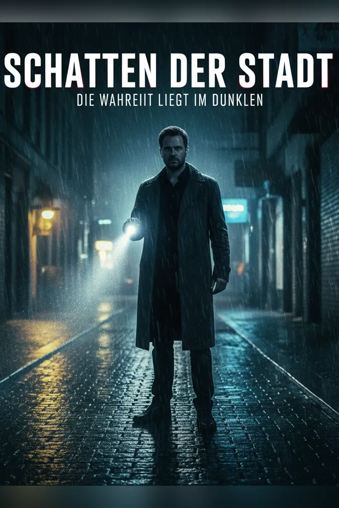 Filmplakat „Schatten der Stadt“ zeigt einen Detektiv, der in einer dunklen, regennassen Gasse steht und mit einer Taschenlampe Licht in die Dunkelheit wirft – spannungsvolle, düstere Atmosphäre.