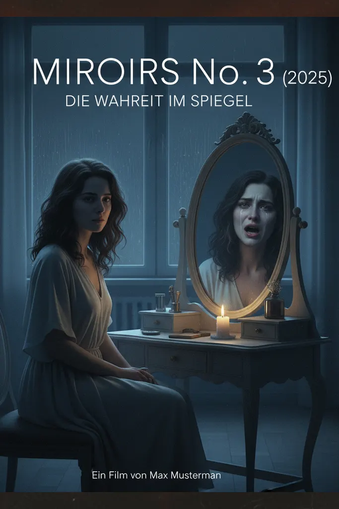Filmplakat des deutschen Psychodramas Miroirs No. 3 (2025). Eine Frau sitzt vor einem Spiegel in einem dunklen Zimmer, ihr Spiegelbild zeigt einen anderen emotionalen Ausdruck. Geheimnisvolle, melancholische Stimmung mit bläulichem Licht und Kerzenschein.