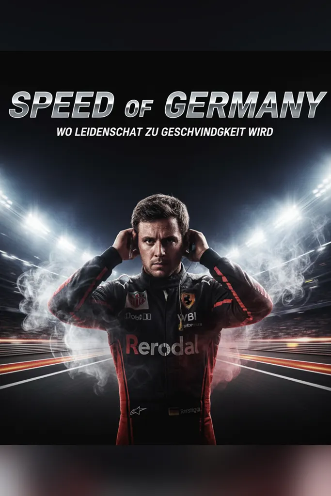 Filmplakat „Speed of Germany“ zeigt einen Rennfahrer in schwarzem und rotem Anzug, der konzentriert im Licht eines Rennstadions steht – Rauch und Bewegungseffekte symbolisieren Geschwindigkeit und Leidenschaft.
