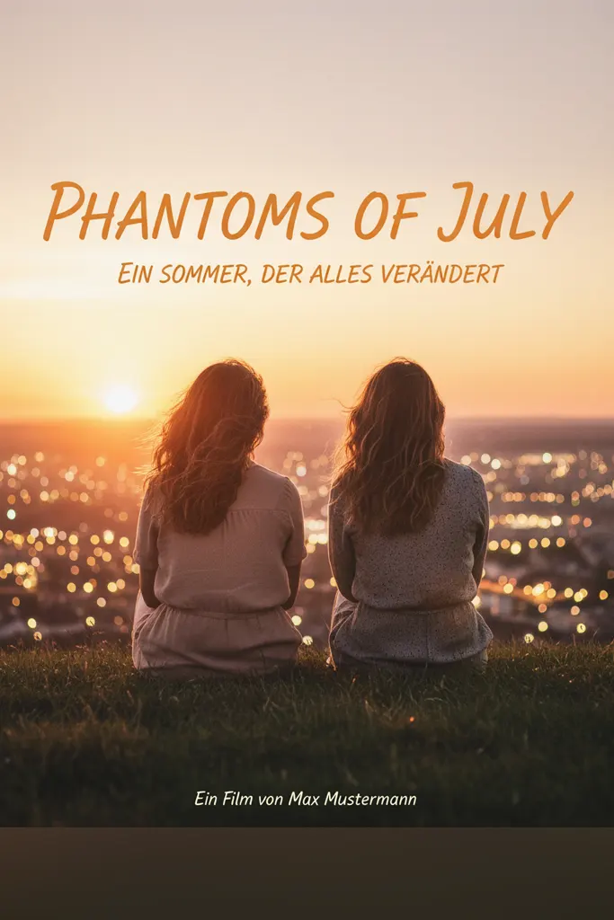 Filmplakat des deutschen Films Phantoms of July (2025), das zwei Frauen zeigt, die bei Sonnenuntergang auf einem Hügel sitzen und auf eine leuchtende Stadt blicken. Eine warme, nostalgische Stimmung symbolisiert Freundschaft, Sommer und Veränderung.