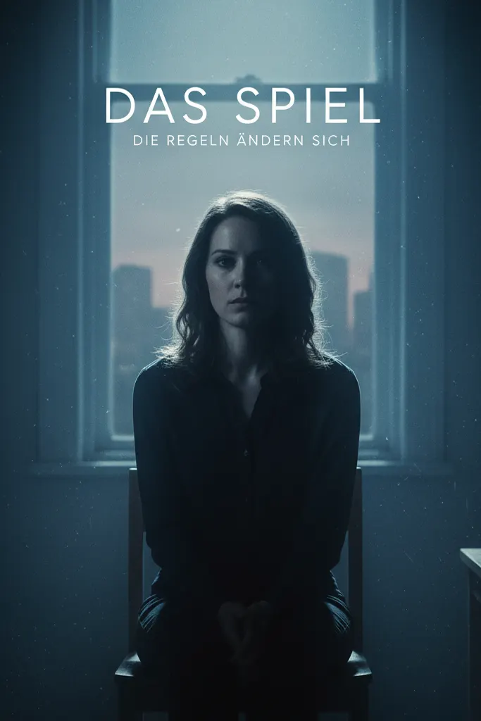 Filmplakat „Das Spiel“ zeigt eine nachdenkliche Frau, die in einem dunklen Raum vor einem Fenster sitzt – kalte, blaue Lichtstimmung betont Spannung und Geheimnis.