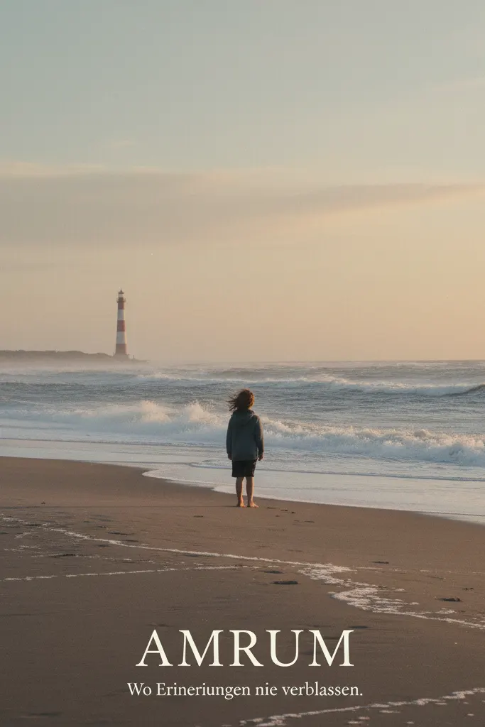 Filmplakat des deutschen Dramas AMRUM (2025). Ein Kind steht allein am Strand und blickt auf das Meer, während im Hintergrund ein Leuchtturm in der Abenddämmerung erscheint. Sanfte Farben und eine melancholische, nostalgische Stimmung.