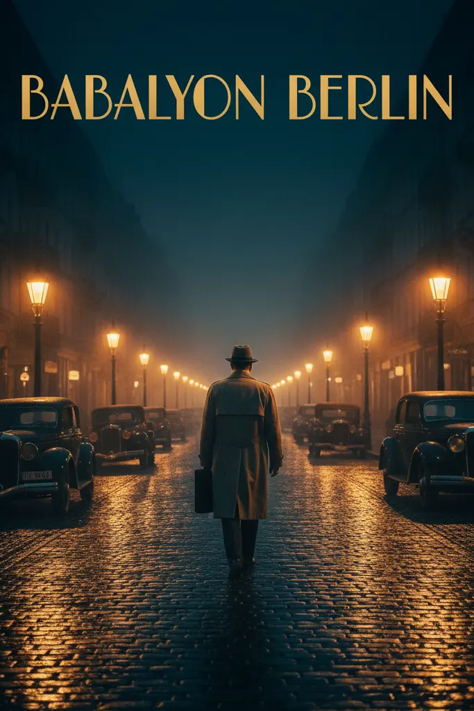 Deutscher Krimi-Poster Babylon Berlin mit Detektiv im Regen auf Straßen Berlins, gestreamt über IPTV German
