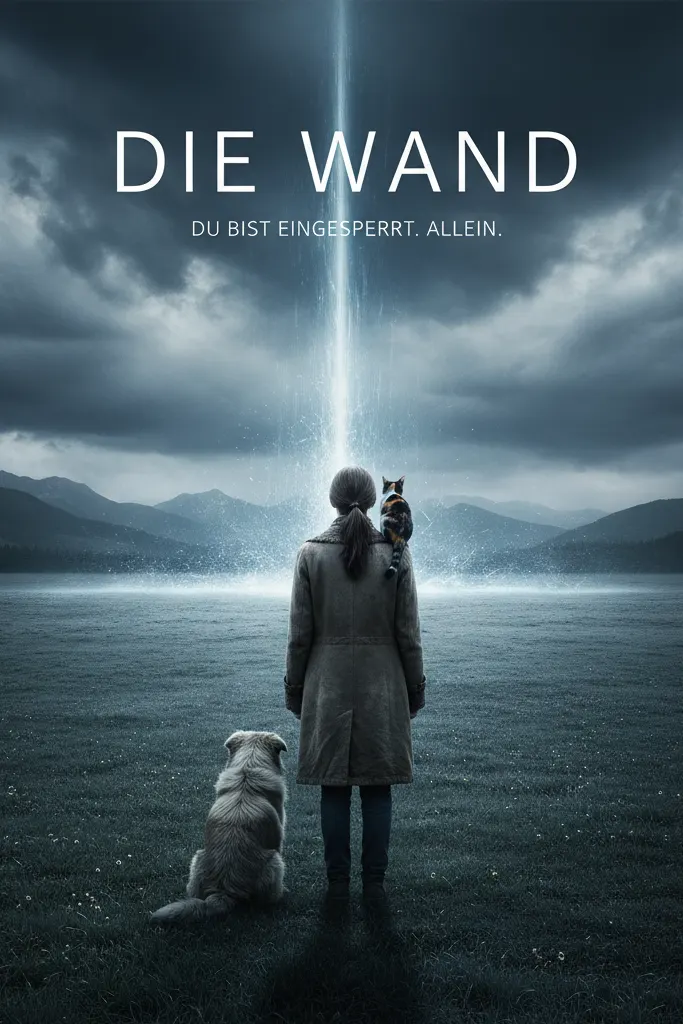 Filmplakat von Die Wand mit Frau, Hund und Katze vor einem geheimnisvollen Lichtstrahl, gestreamt über IPTV German
