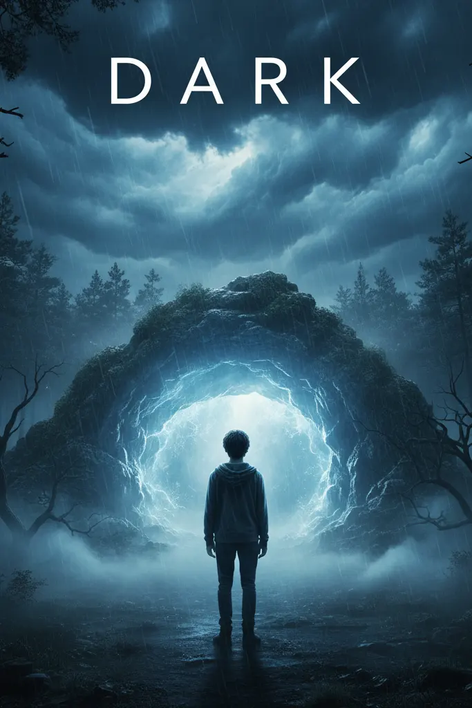 Poster der deutschen Serie Dark mit mysteriösem Wald und Höhle, verfügbar auf IPTV German