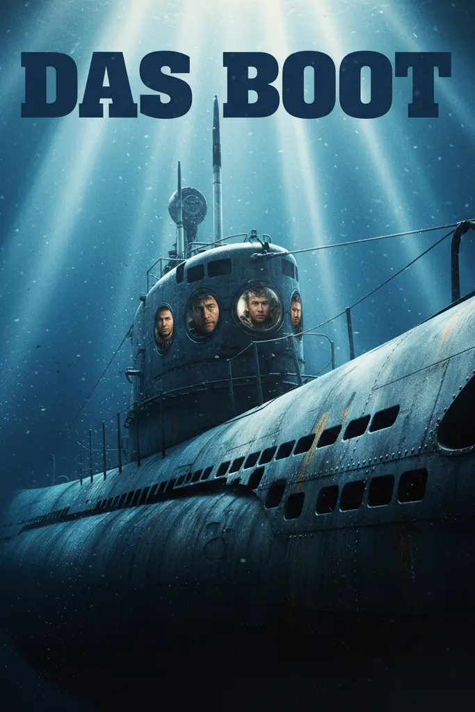 Filmplakat von Das Boot mit U-Boot unter Wasser und blauen Lichtstrahlen, gestreamt über IPTV German