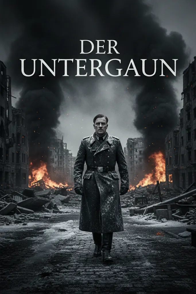 Filmplakat von Der Untergang mit Offizier im zerstörten Berlin, Rauch und Feuer im Hintergrund, verfügbar über IPTV German