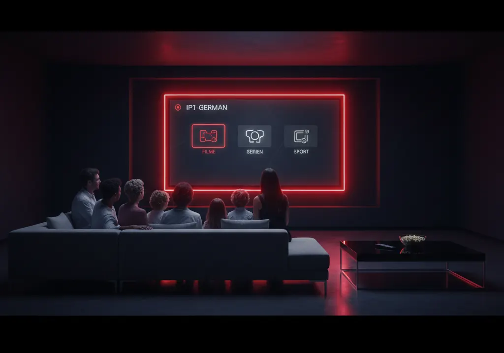 iptv german 4k streaming im dunklen Wohnzimmer mit rotem Licht, Smart-TV und Familie