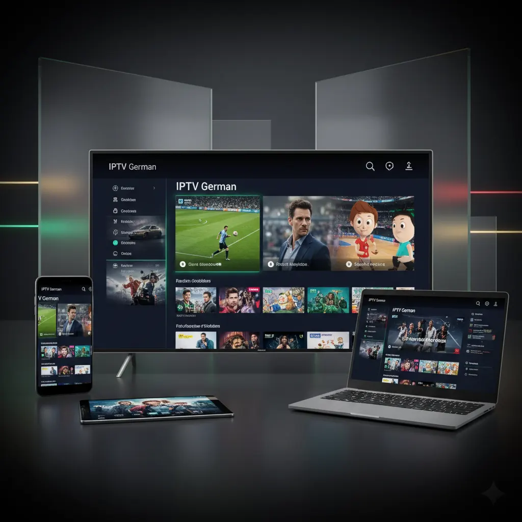 IPTV German Benutzeroberfläche auf Smart TV, Laptop, Tablet und Smartphone, alle zeigen HD-Streaming-Inhalte wie Filme, Serien, Sport und Kinderprogramme. Moderner Hintergrund mit Lichtreflexen und dezenten Farben. Legale Streaming Anbieter in Deutschland