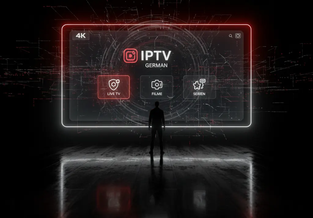 IPTV German futuristisches Konzept mit holografischem Bildschirm, dunklem Hintergrund und roten Lichtakzenten – modernes Streaming-Design RickimaslarCasting