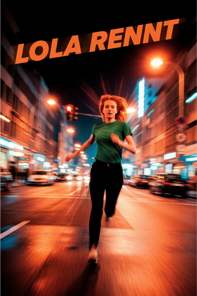 Filmplakat von Lola rennt mit rothaariger Frau, die nachts durch Berlin rennt, gestreamt über IPTV German
