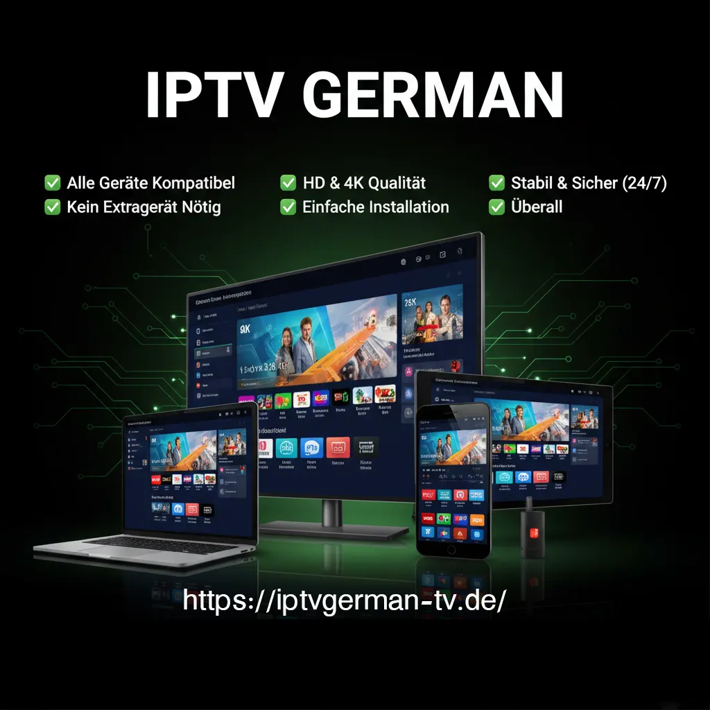 IPTV Geräte Voraussetzungen – Erfahre, welche Geräte du brauchst & wie du IPTV German in HD & 4K genießen kannst. Einfach & sofort startklar! Werbebild für IPTV German mit mehreren Geräten – Smart TV, Laptop, Tablet und Smartphone – die dieselbe Benutzeroberfläche anzeigen. Der Hintergrund ist schwarz mit grünen digitalen Linien. Text: „Alle Geräte Kompatibel“, „HD & 4K Qualität“, „Stabil & Sicher (24/7)“, „Einfache Installation“.