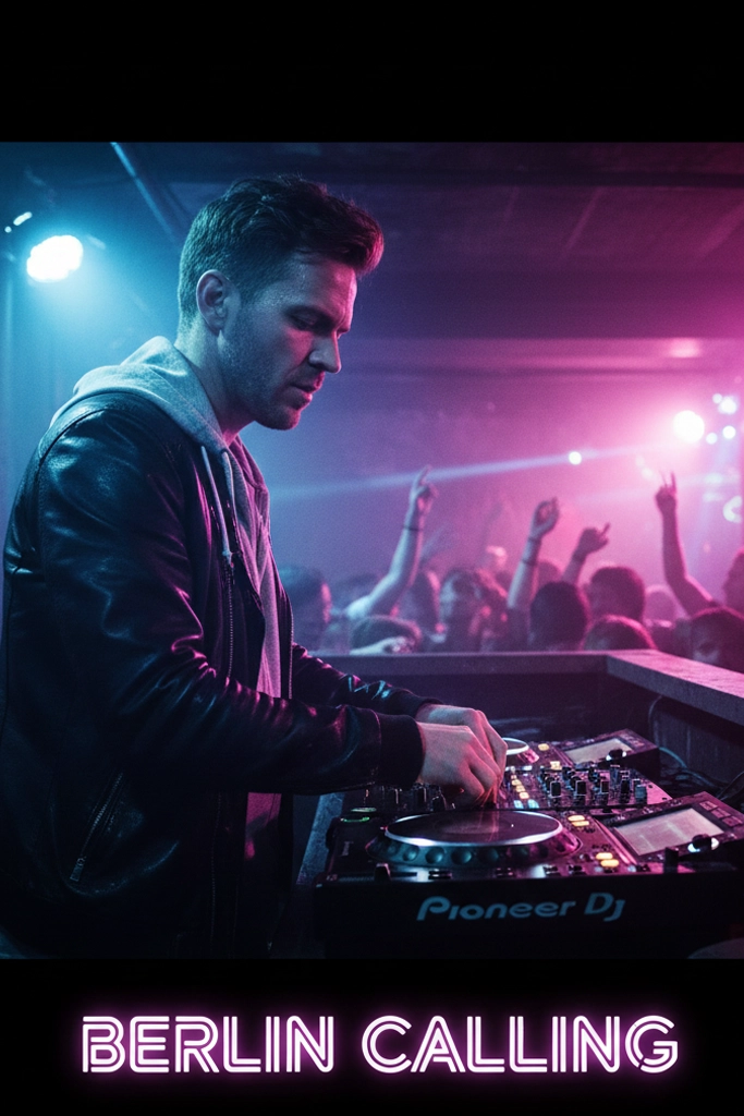 Berlin Calling Filmcover – deutscher DJ mit Neonlicht im Berliner Nachtclub