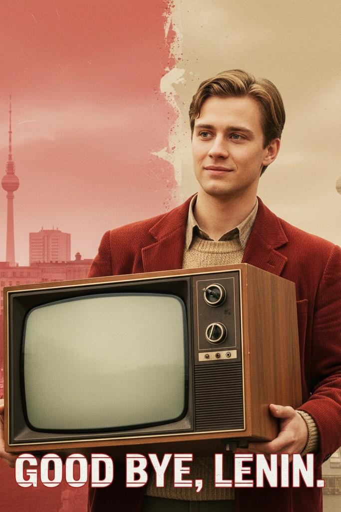 Good Bye Lenin Filmcover – deutscher Mann mit altem Fernseher vor Berliner Skyline