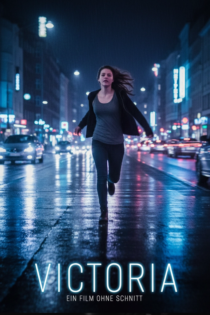 Victoria Filmcover – junge Frau läuft durch die Berliner Nacht mit Neonlichtern