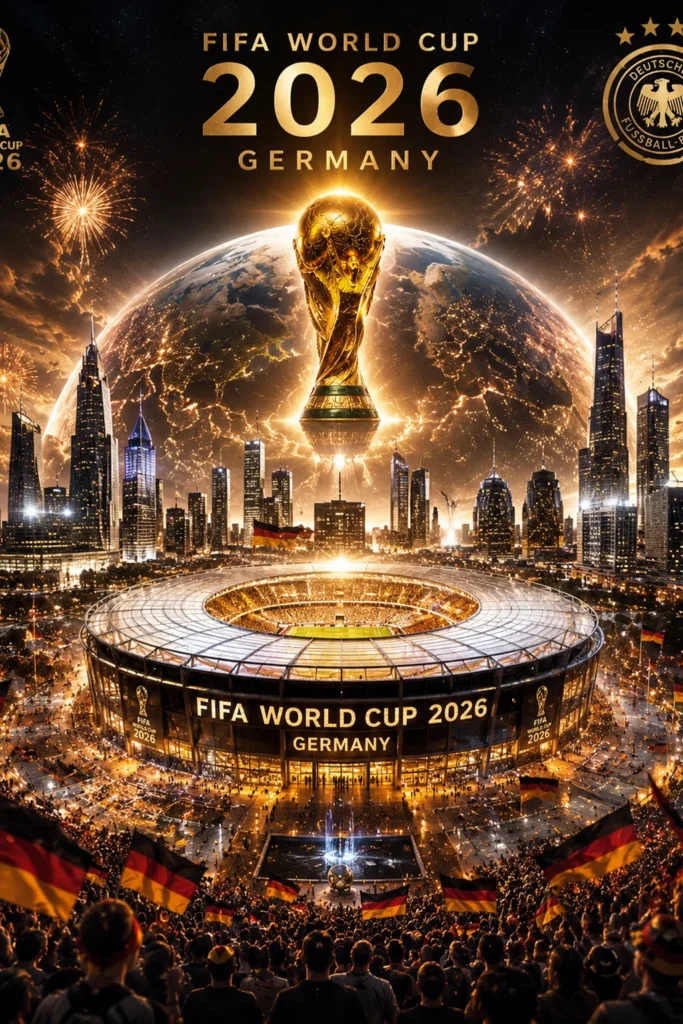 FIFA World Cup 2026 Deutschland Poster mit einer riesigen Weltmeisterschaftstrophäe über einem modernen Stadion, umgeben von Wolkenkratzern, Feuerwerk, Deutschlandfahnen und tausenden Fußballfans.
