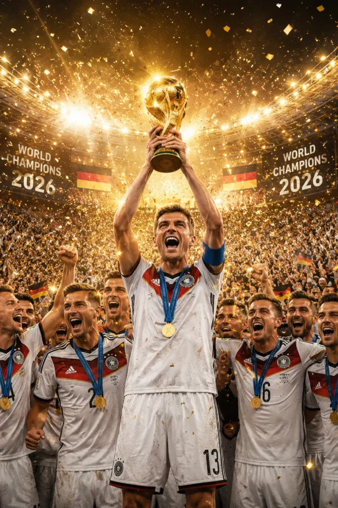 Deutsche Nationalmannschaft feiert den Gewinn der FIFA World Cup 2026, Kapitän hebt die Weltmeisterschaftstrophäe in einem ausverkauften Stadion unter goldenem Konfetti und jubelnden Fans.