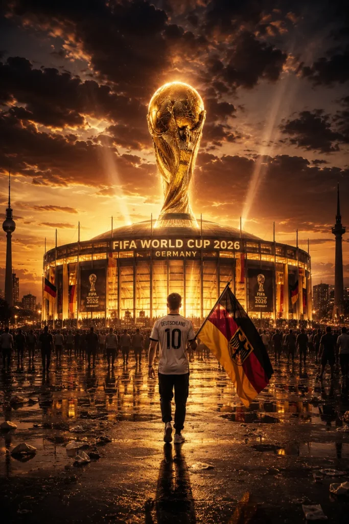 Ein deutscher Fußballfan mit Deutschlandflagge läuft auf ein beleuchtetes FIFA World Cup 2026 Stadion zu, während eine riesige Weltmeisterschaftstrophäe über der Arena im Abendhimmel strahlt.
