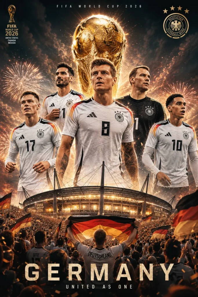 FIFA World Cup 2026 Deutschland Poster mit deutschen Nationalspielern vor einem ausverkauften Stadion, einer gigantischen Weltmeisterschaftstrophäe, Feuerwerk und tausenden Fans mit Deutschlandfahnen.
