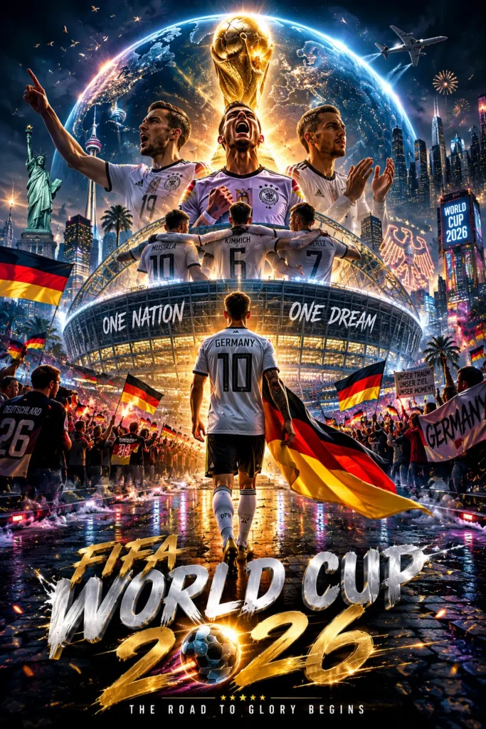 FIFA World Cup 2026 Poster mit der deutschen Nationalmannschaft, Fans und Stadionatmosphäre für IPTV Germany Streaming
