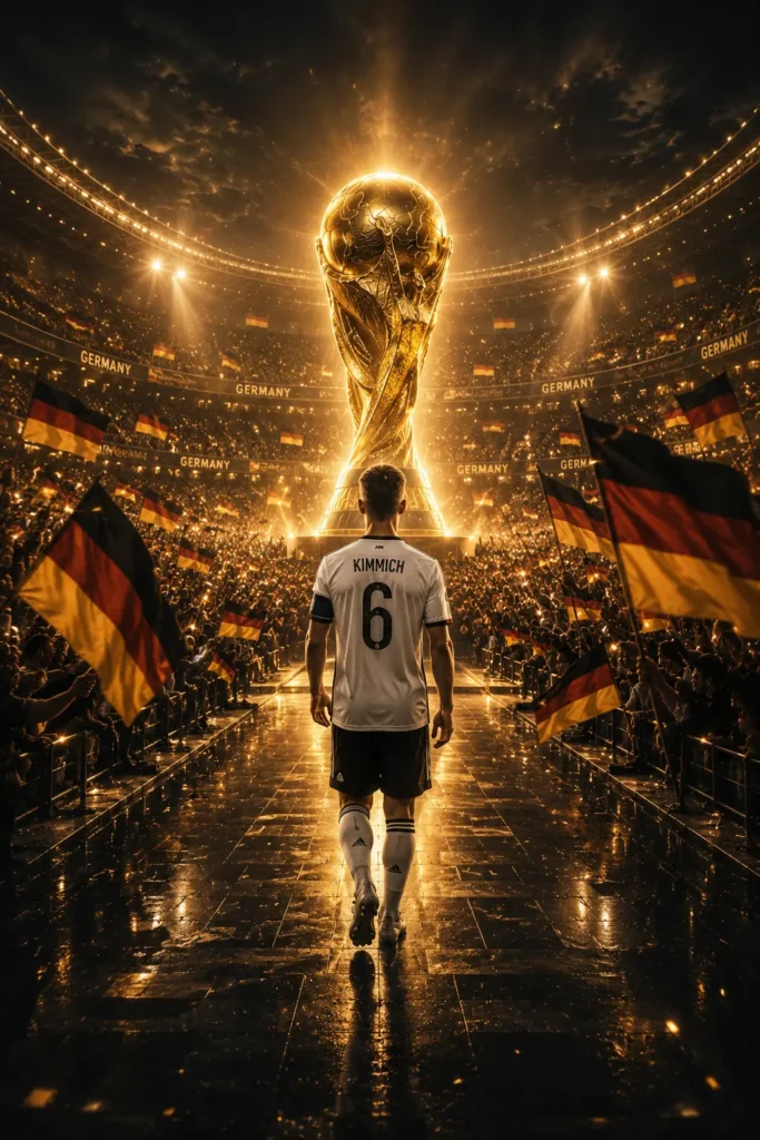 German football player walking toward a giant FIFA World Cup trophy inside a packed stadium, surrounded by Germany flags, golden lights, and thousands of supporters during FIFA World Cup 2026.