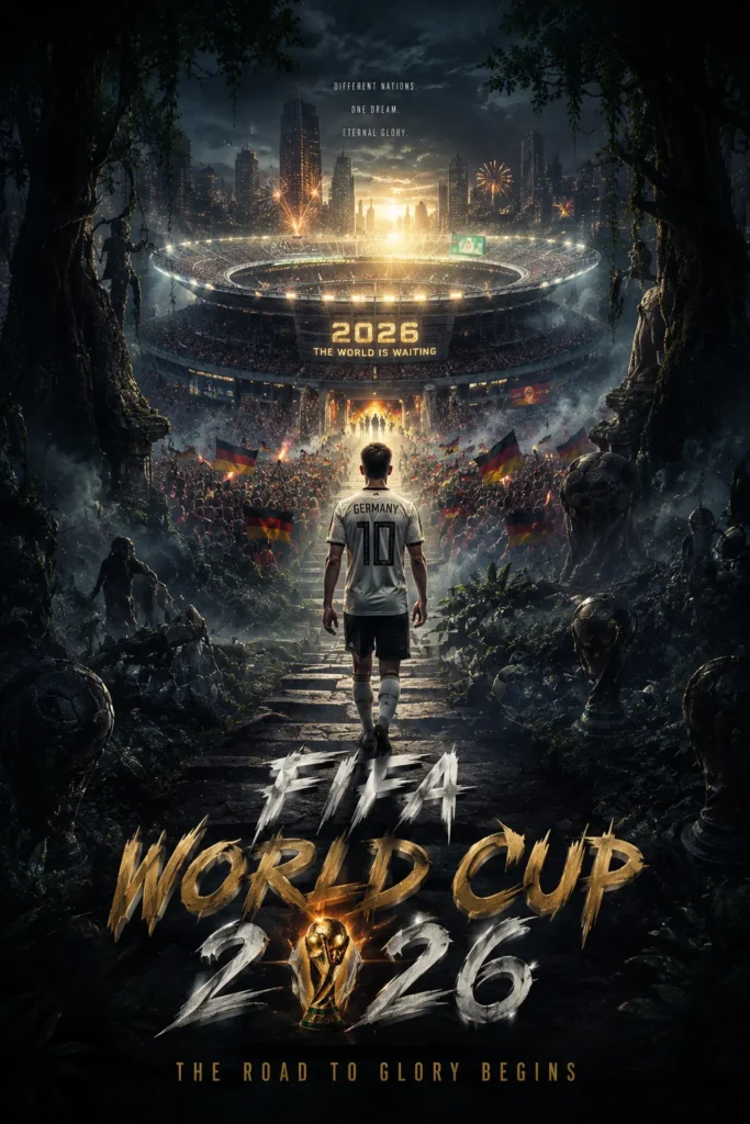 FIFA World Cup 2026 Poster mit Deutschland-Fan im Germany-Trikot vor einem beleuchteten Stadion und jubelnden Fans