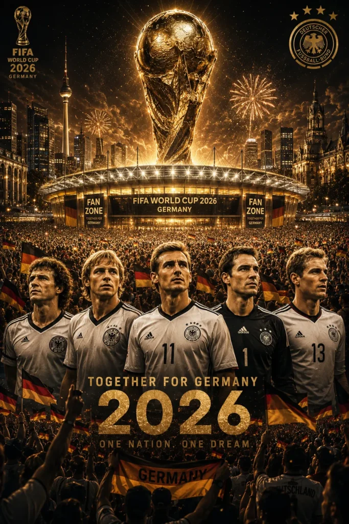 FIFA World Cup 2026 Deutschland Poster mit deutschen Fußballlegenden, riesiger Weltmeisterschaftstrophäe über einem vollbesetzten Stadion, deutschen Fahnen, Feuerwerk und einer beeindruckenden schwarz-goldenen Atmosphäre.